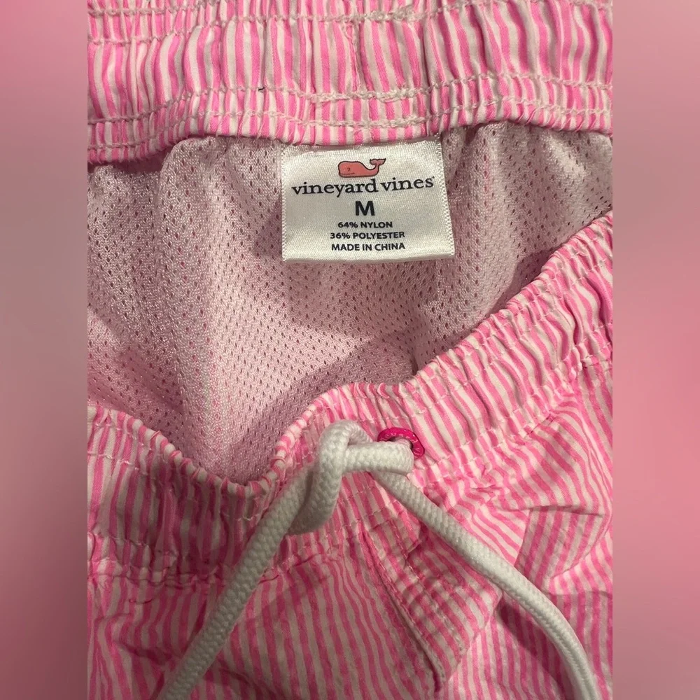 Vineyard Vines Pink Striped Swim Trunks Seersucker Whale Logo Pockets Drawstring